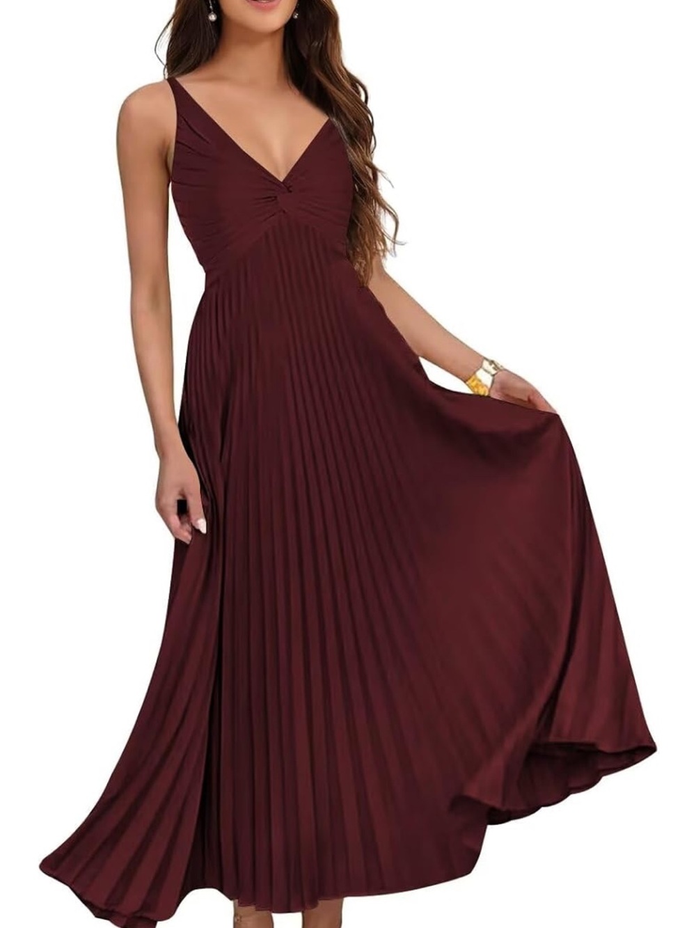 Satin V-Neck Pleated Maxi Dress - Picture 6 of 6